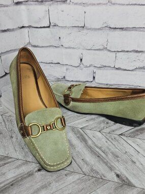 Cole Haan Womens Suede Driving Loafers Shoes Mint Green Brown 8.5 B Horse Bit